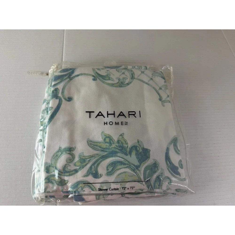 Tahari Home Green Blue Chinoiserie Damask Fabric Shower Curtain Paisley NWT